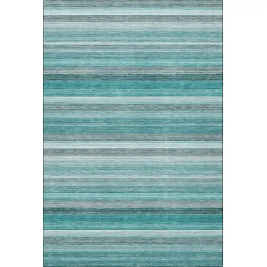 Teal Gray And Ivory Striped Washable Area Rug With UV Protection Photo 4
