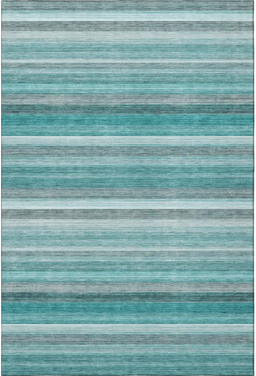 Teal Gray And Ivory Striped Washable Area Rug With UV Protection Photo 4