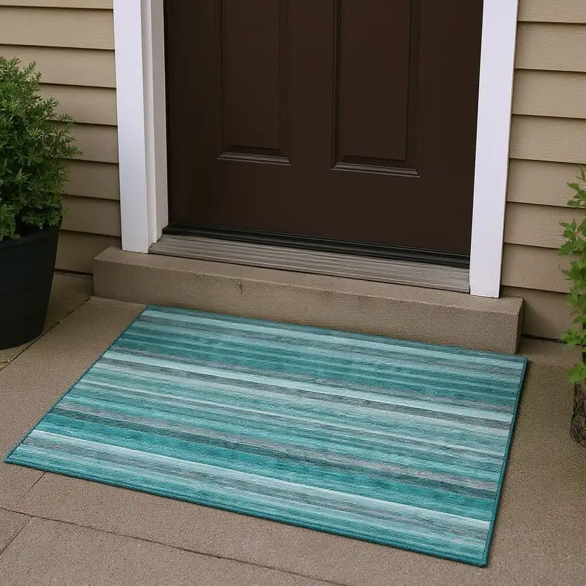Teal Gray And Ivory Striped Washable Area Rug With UV Protection Photo 2
