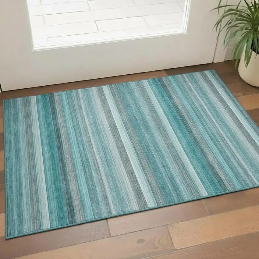 Teal Gray And Ivory Striped Washable Area Rug With UV Protection Photo 1