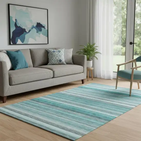 Teal Gray And Ivory Striped Washable Area Rug With UV Protection Photo 1
