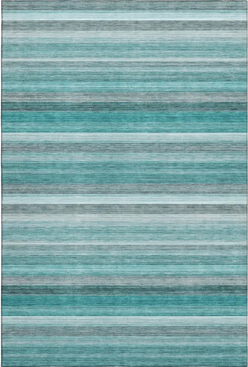 Teal Gray And Ivory Striped Washable Area Rug With UV Protection Photo 1