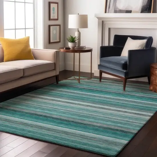 Teal Gray And Ivory Striped Washable Area Rug With UV Protection Photo 5