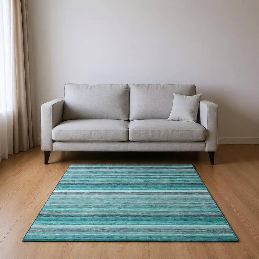 Teal Gray And Ivory Striped Washable Area Rug With UV Protection Photo 2