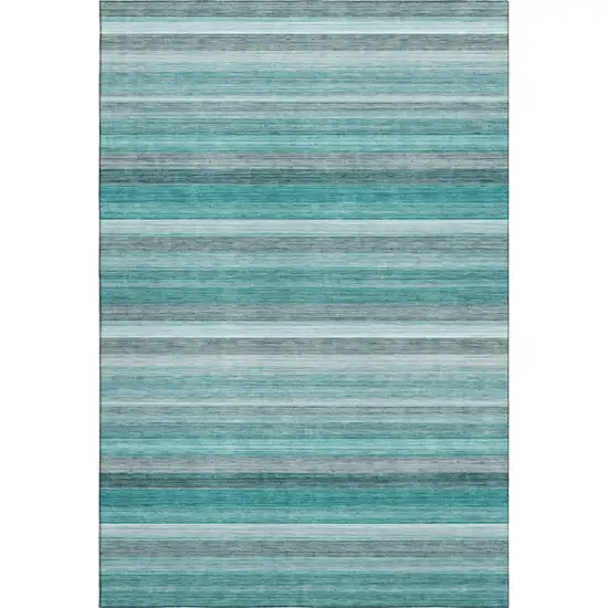 Teal Gray And Ivory Striped Washable Area Rug With UV Protection Photo 1