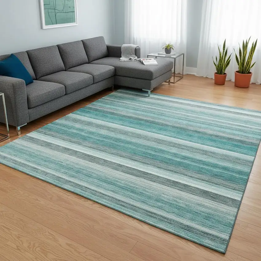 Teal Gray And Ivory Striped Washable Area Rug With UV Protection Photo 2