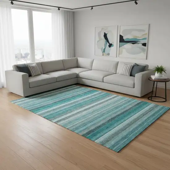 Teal Gray And Ivory Striped Washable Area Rug With UV Protection Photo 2