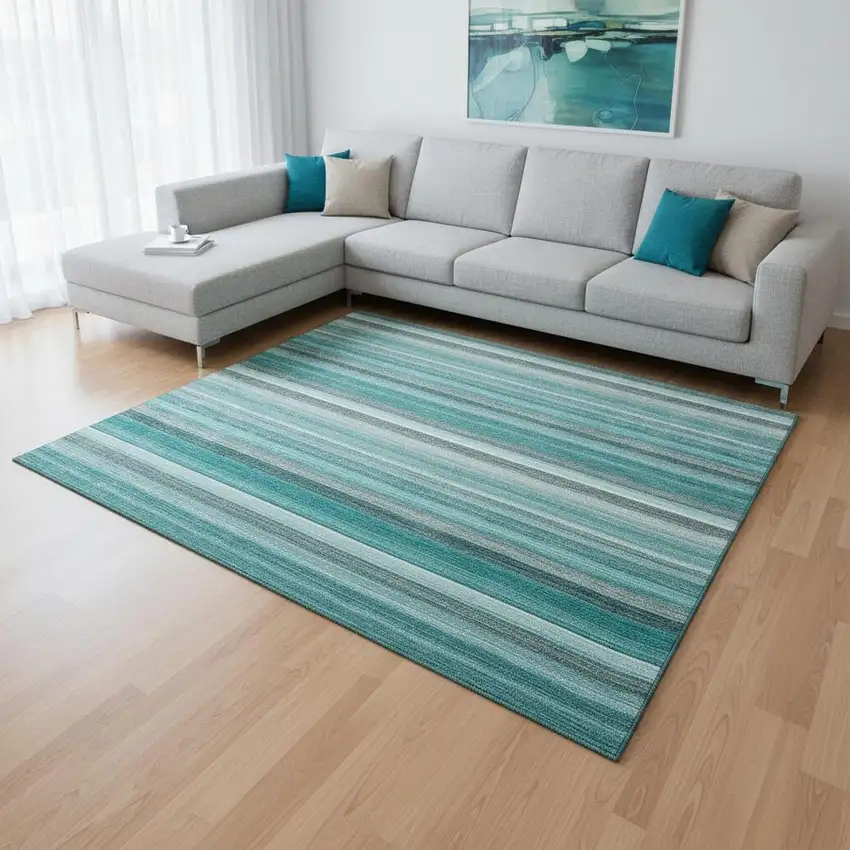 Teal Gray And Ivory Striped Washable Area Rug With UV Protection Photo 2
