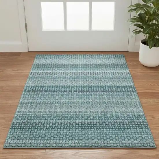 Teal Gray And Ivory Striped Washable Area Rug With UV Protection Photo 2