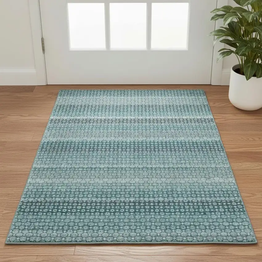 Teal Gray And Ivory Striped Washable Area Rug With UV Protection Photo 2