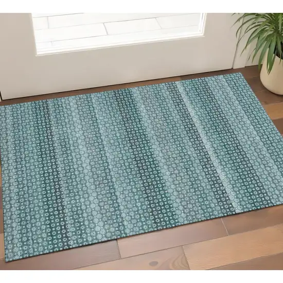 Teal Gray And Ivory Striped Washable Area Rug With UV Protection Photo 1