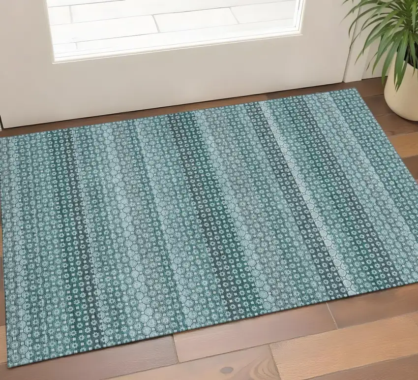 Teal Gray And Ivory Striped Washable Area Rug With UV Protection Photo 1