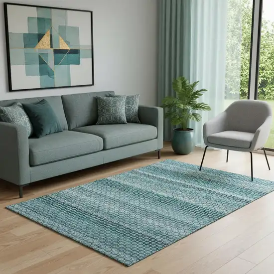 Teal Gray And Ivory Striped Washable Area Rug With UV Protection Photo 2