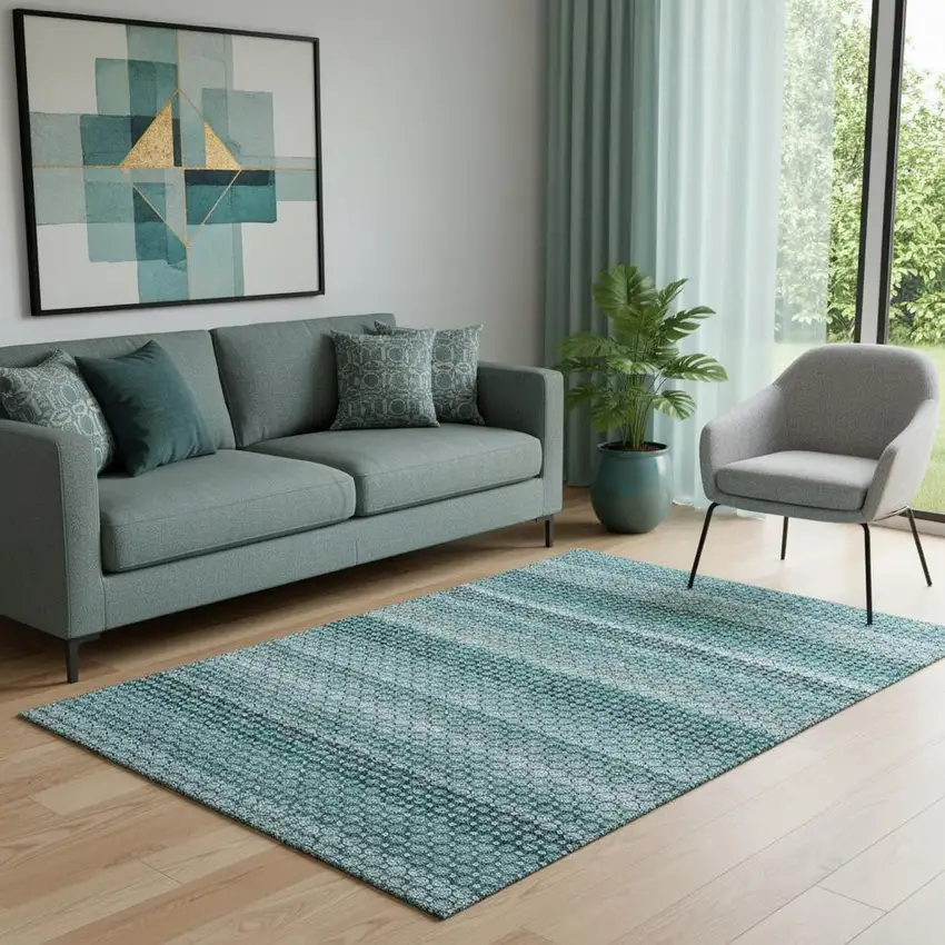 Teal Gray And Ivory Striped Washable Area Rug With UV Protection Photo 2