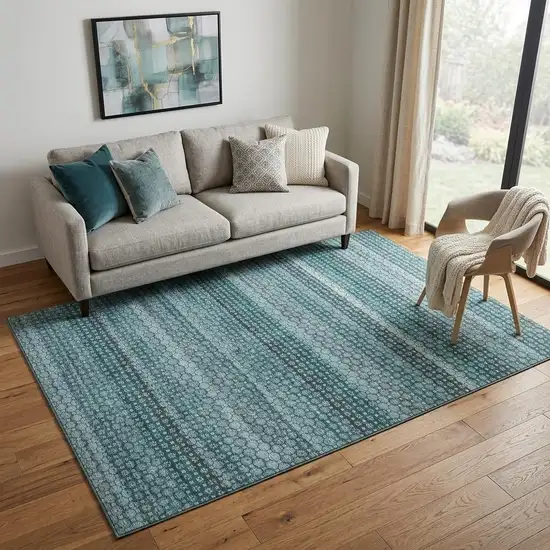 Teal Gray And Ivory Striped Washable Area Rug With UV Protection Photo 1