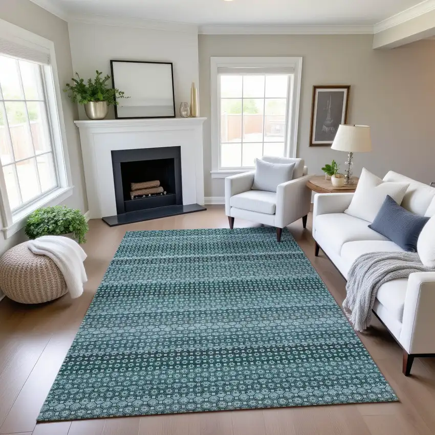 Teal Gray And Ivory Striped Washable Area Rug With UV Protection Photo 3