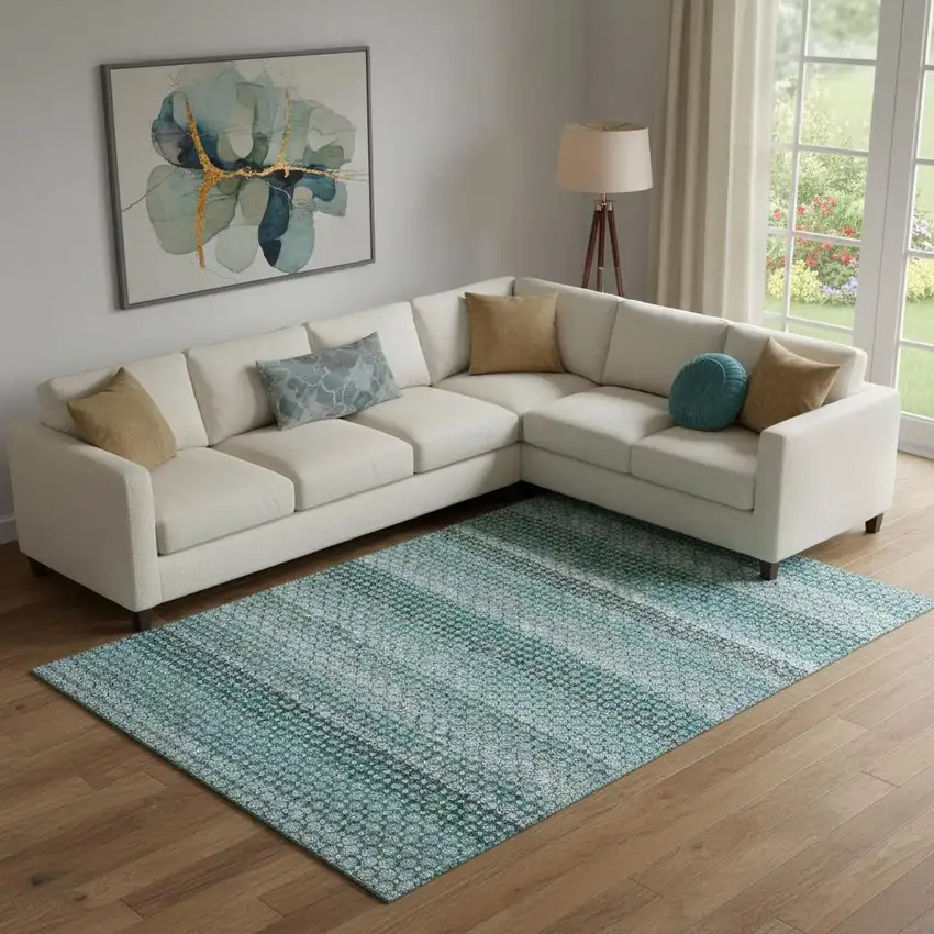 Teal Gray And Ivory Striped Washable Area Rug With UV Protection Photo 2