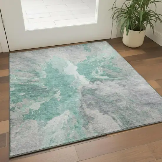 Teal Gray And Lavender Abstract Washable Area Rug With UV Protection Photo 2