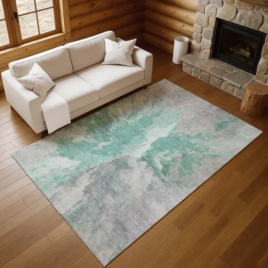 Teal Gray And Lavender Abstract Washable Area Rug With UV Protection Photo 5
