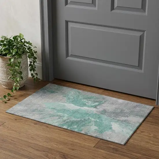 Teal Gray And Lavender Abstract Washable Area Rug With UV Protection Photo 1