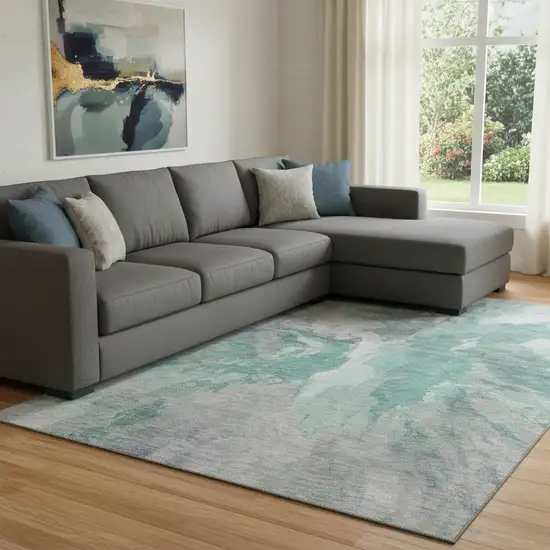 Teal Gray And Lavender Abstract Washable Area Rug With UV Protection Photo 2