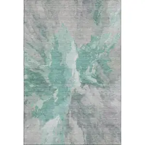 Photo of Teal Gray And Lavender Abstract Washable Area Rug With UV Protection