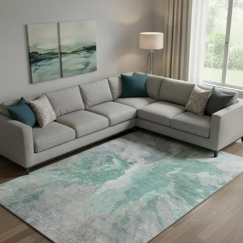 Teal Gray And Lavender Abstract Washable Area Rug With UV Protection Photo 2