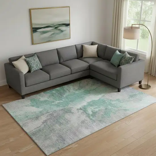 Teal Gray And Lavender Abstract Washable Area Rug With UV Protection Photo 2