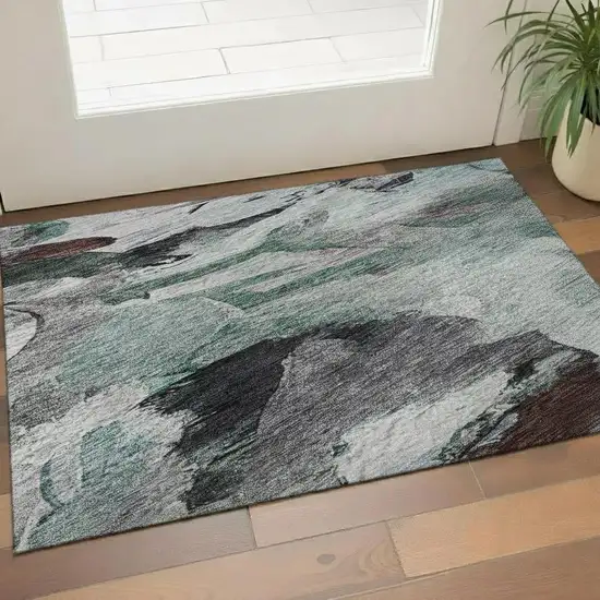 Teal Gray And Rust Abstract Washable Area Rug With UV Protection Photo 2