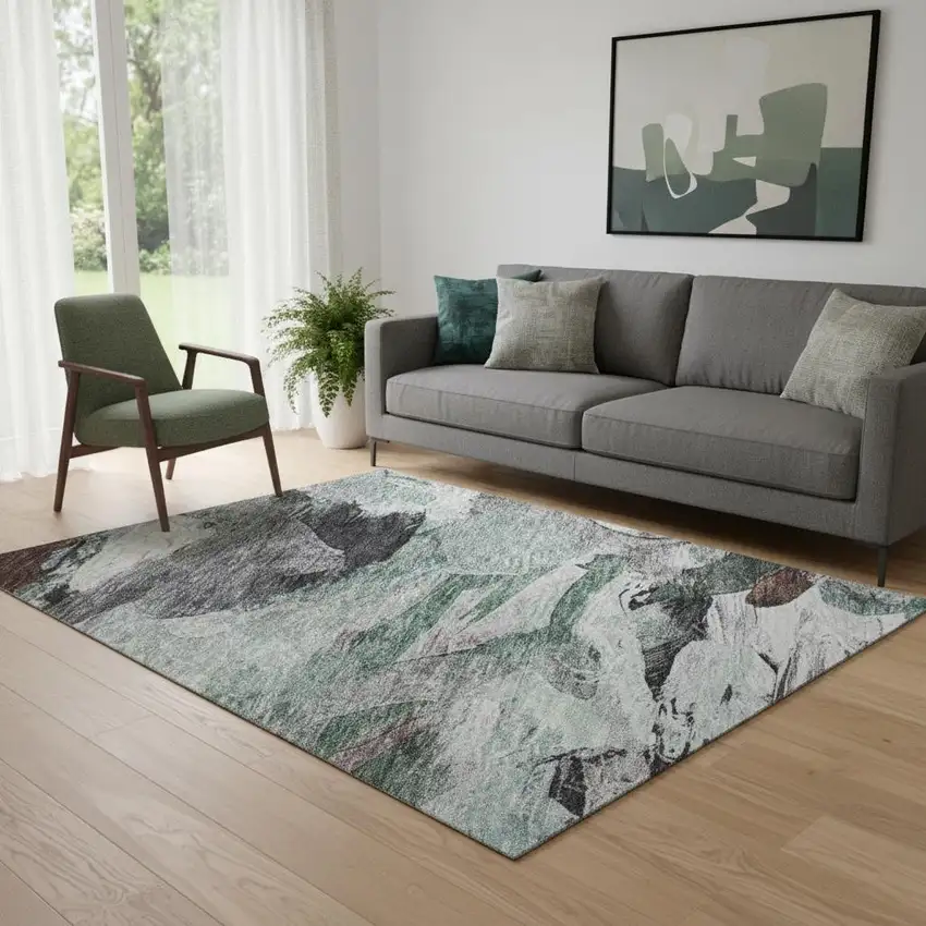 Teal Gray And Rust Abstract Washable Area Rug With UV Protection Photo 2