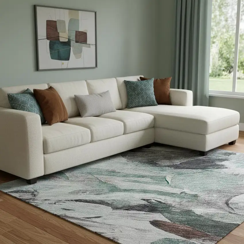 Teal Gray And Rust Abstract Washable Area Rug With UV Protection Photo 2