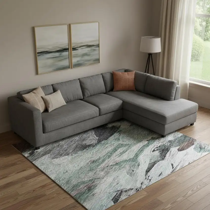 Teal Gray And Rust Abstract Washable Area Rug With UV Protection Photo 2