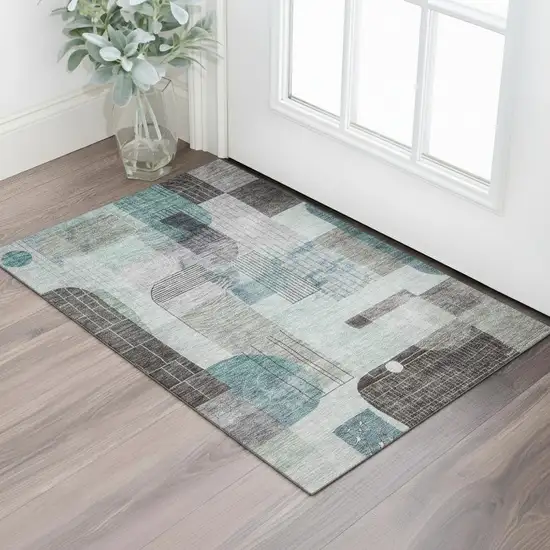 Teal Gray And Silver Abstract Geometric Washable Area Rug With UV Protection Photo 2