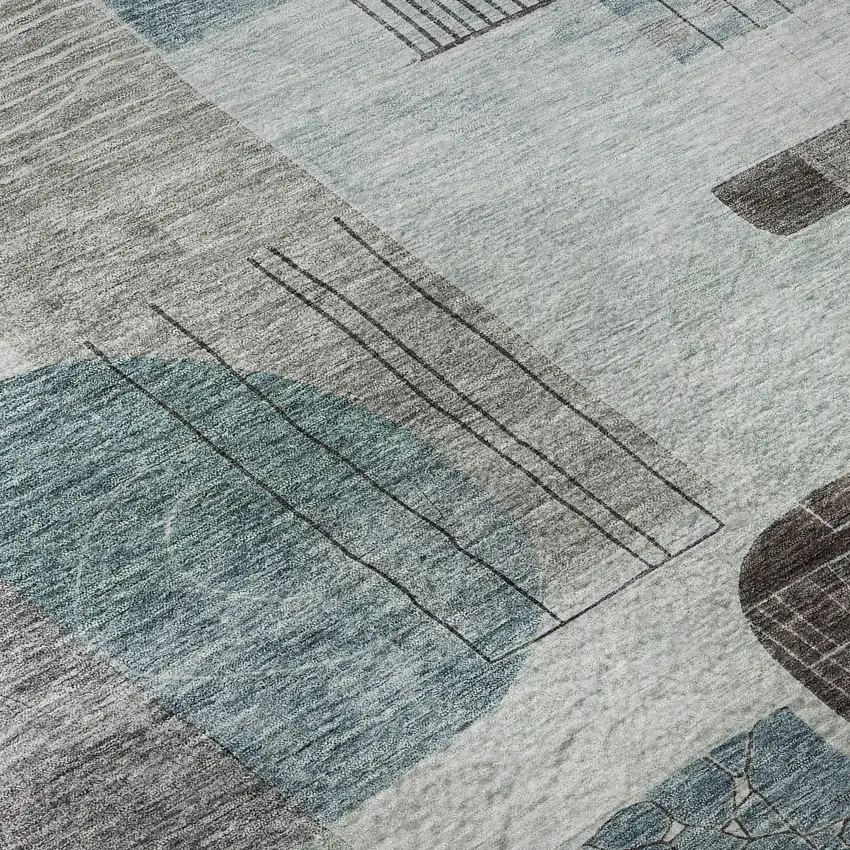 Teal Gray And Silver Abstract Geometric Washable Area Rug With UV Protection Photo 9