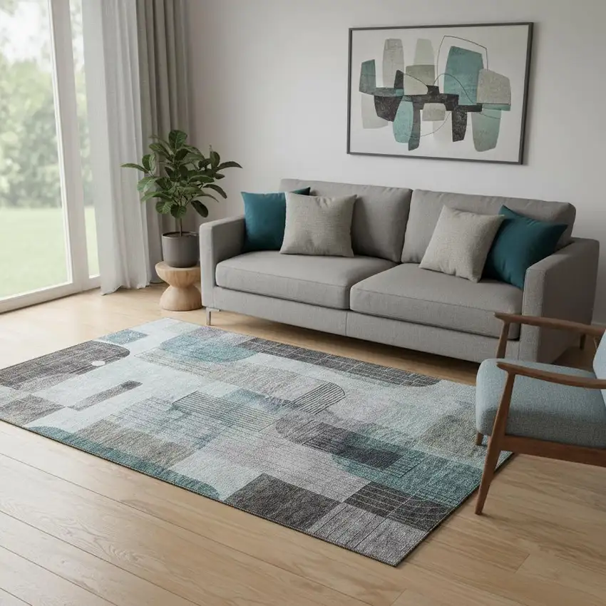 Teal Gray And Silver Abstract Geometric Washable Area Rug With UV Protection Photo 2