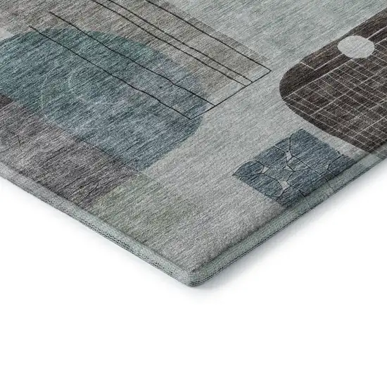 Teal Gray And Silver Abstract Geometric Washable Area Rug With UV Protection Photo 7
