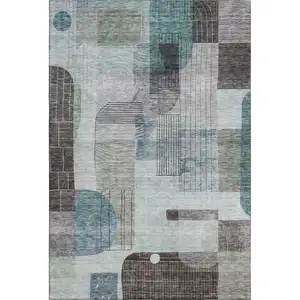Photo of Teal Gray And Silver Abstract Geometric Washable Area Rug With UV Protection