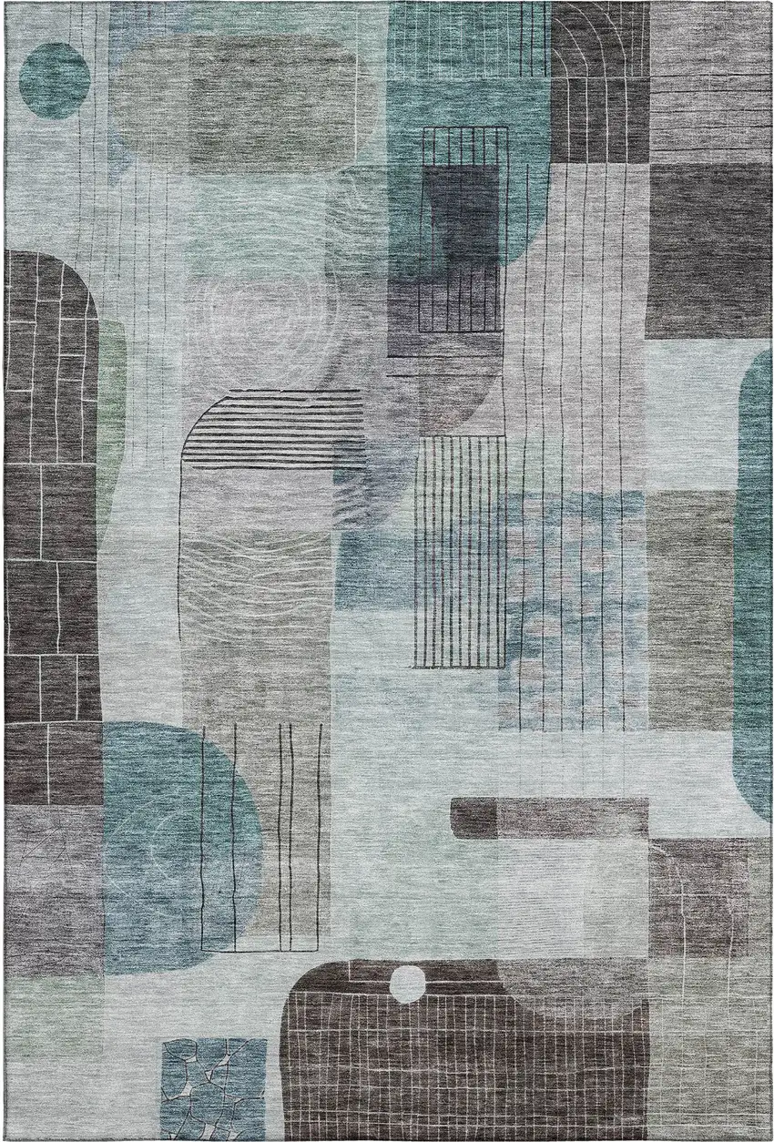 Teal Gray And Silver Abstract Geometric Washable Area Rug With UV Protection Photo 1