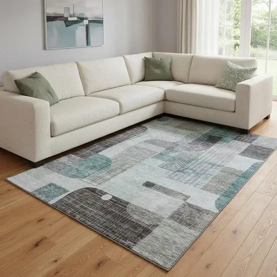 Teal Gray And Silver Abstract Geometric Washable Area Rug With UV Protection Photo 2