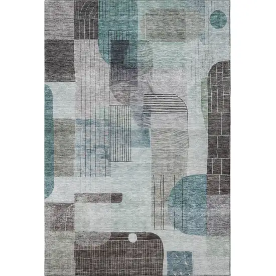 Teal Gray And Silver Abstract Geometric Washable Area Rug With UV Protection Photo 3