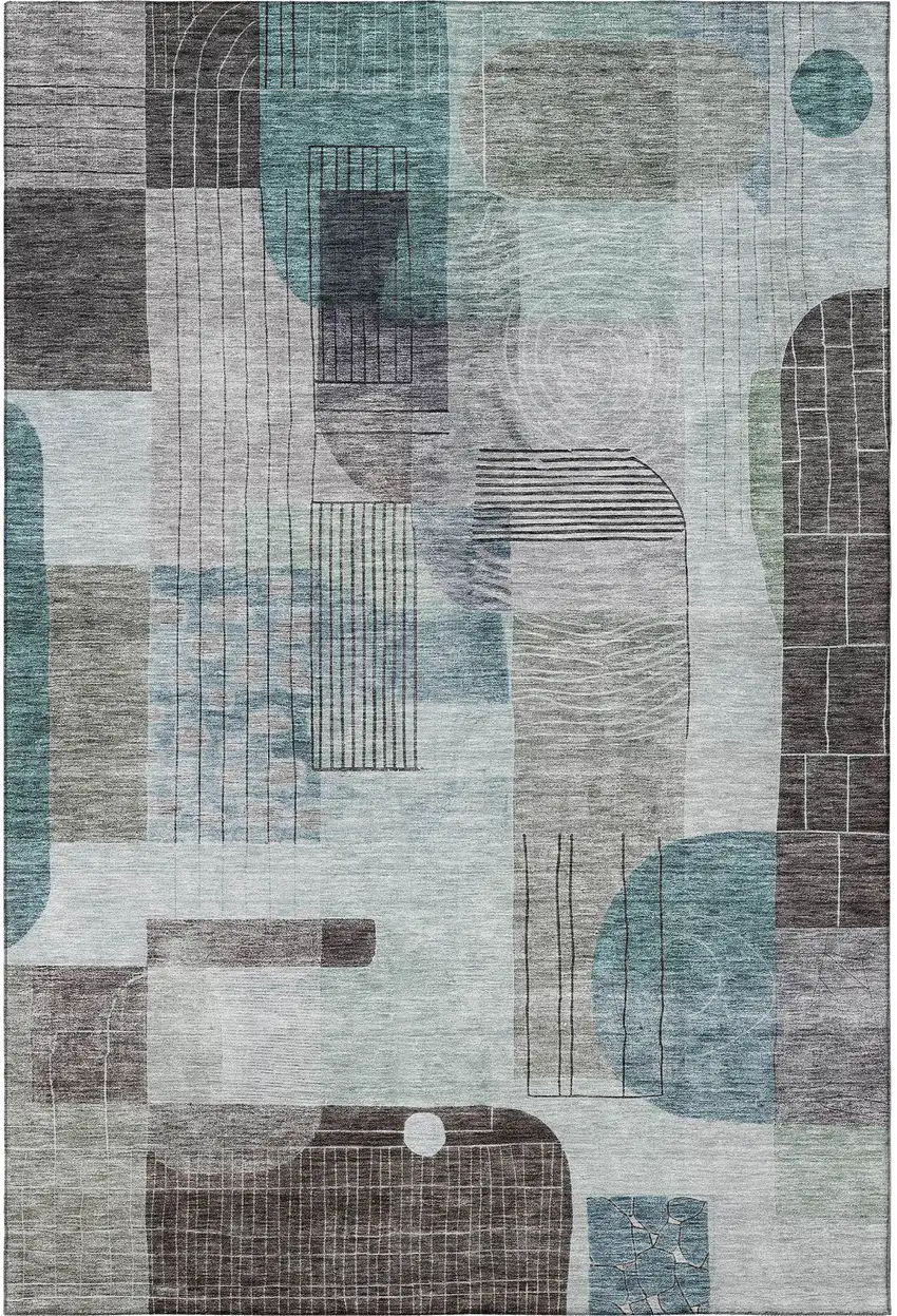 Teal Gray And Silver Abstract Geometric Washable Area Rug With UV Protection Photo 3