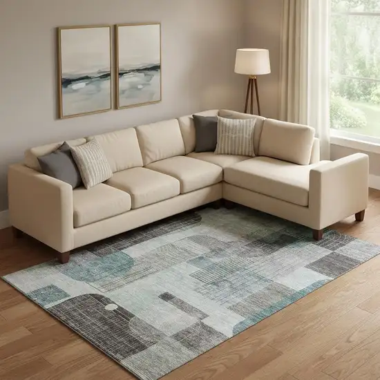 Teal Gray And Silver Abstract Geometric Washable Area Rug With UV Protection Photo 2