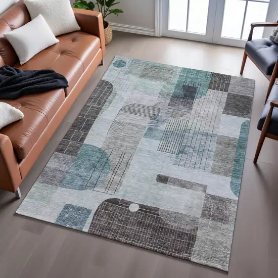 Teal Gray And Silver Abstract Geometric Washable Area Rug With UV Protection Photo 5