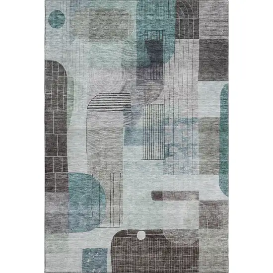 Teal Gray And Silver Abstract Geometric Washable Area Rug With UV Protection Photo 1
