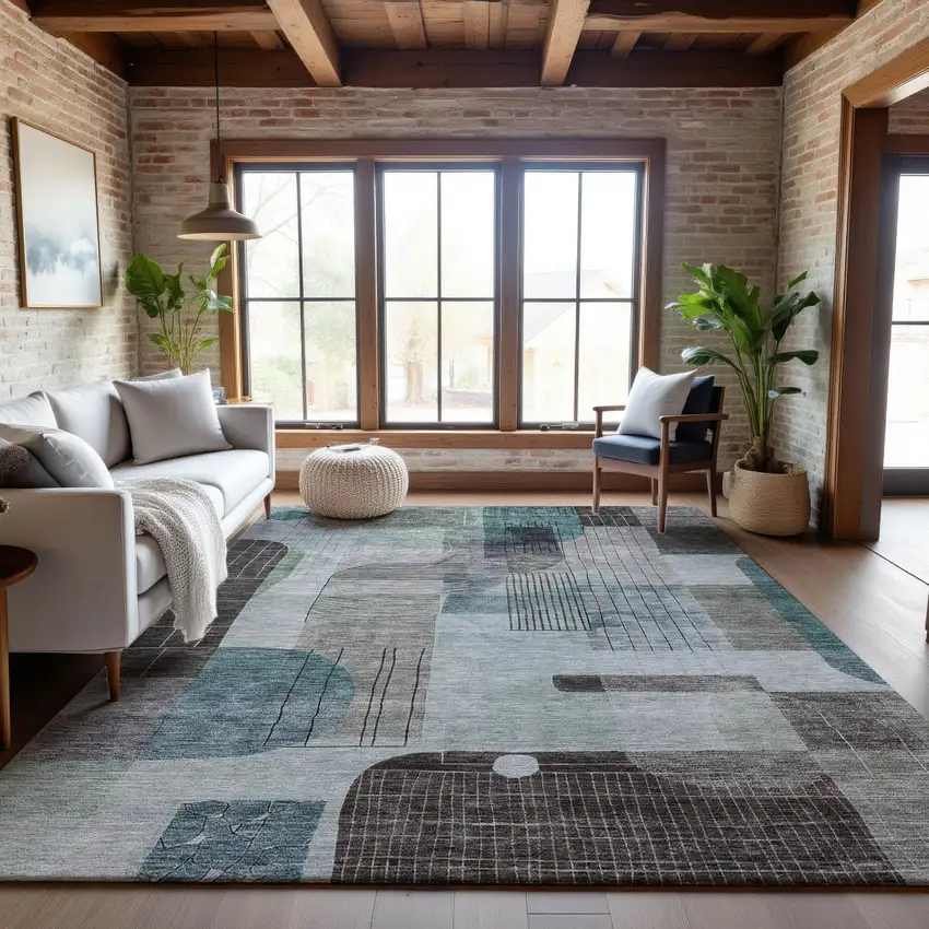 Teal Gray And Silver Abstract Geometric Washable Area Rug With UV Protection Photo 4