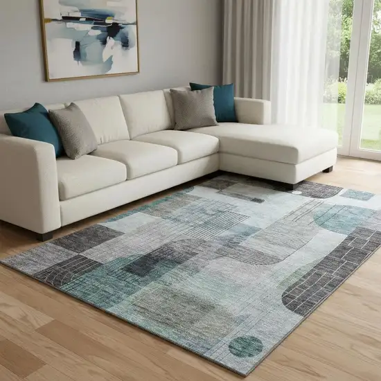 Teal Gray And Silver Abstract Geometric Washable Area Rug With UV Protection Photo 2