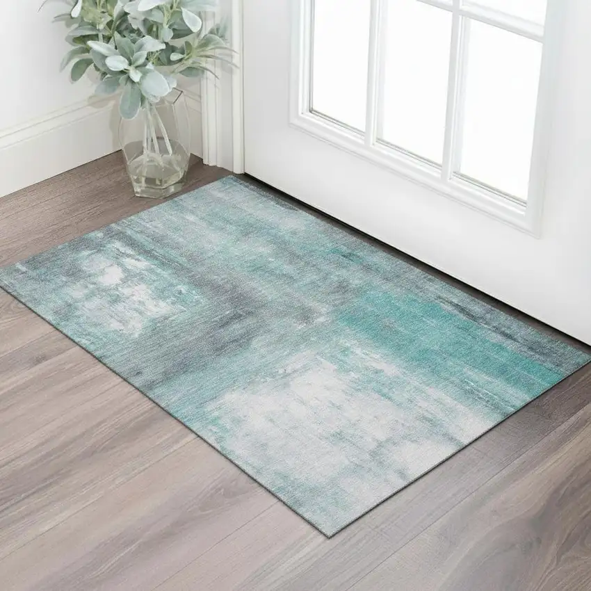 Teal Gray And Silver Abstract Washable Area Rug With UV Protection Photo 2