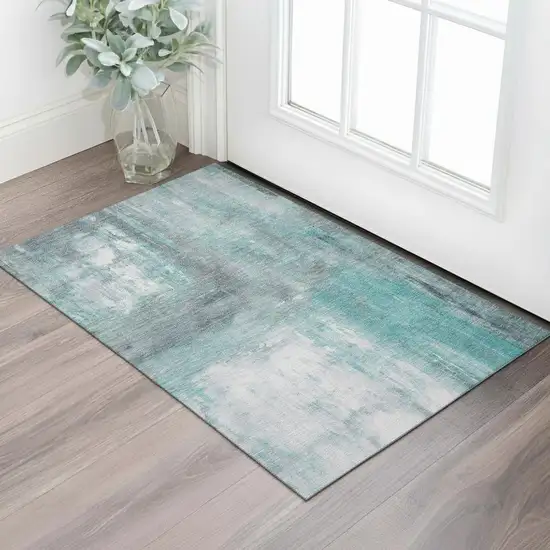 Teal Gray And Silver Abstract Washable Area Rug With UV Protection Photo 2