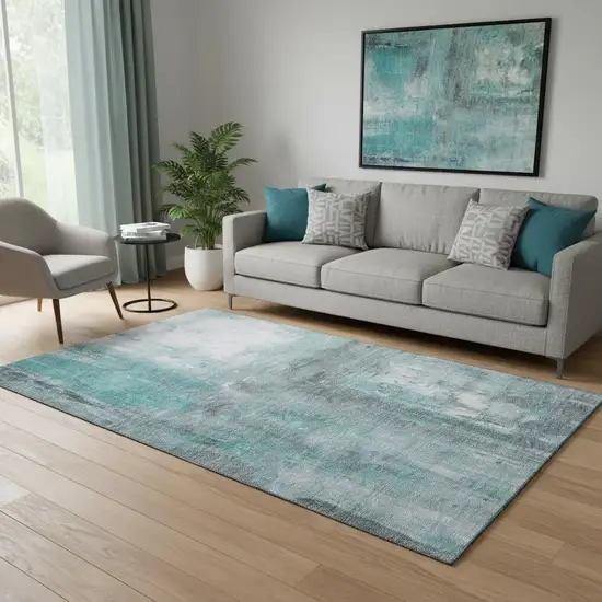 Teal Gray And Silver Abstract Washable Area Rug With UV Protection Photo 2