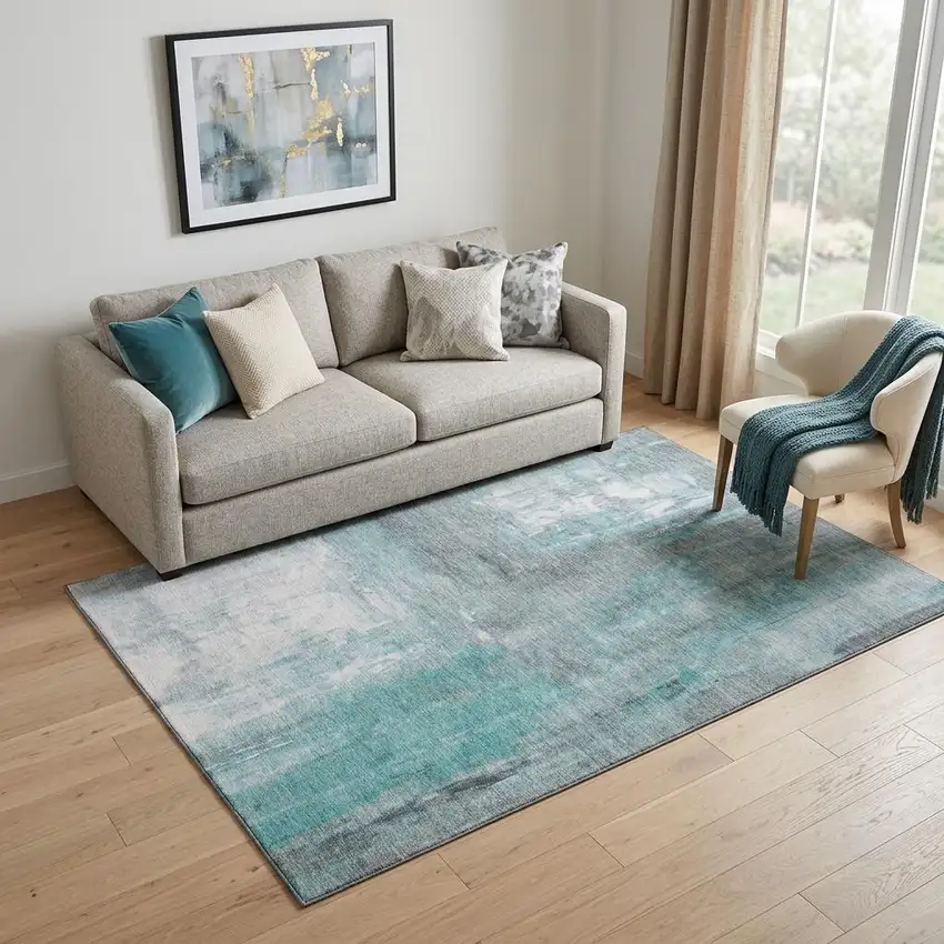 Teal Gray And Silver Abstract Washable Area Rug With UV Protection Photo 1